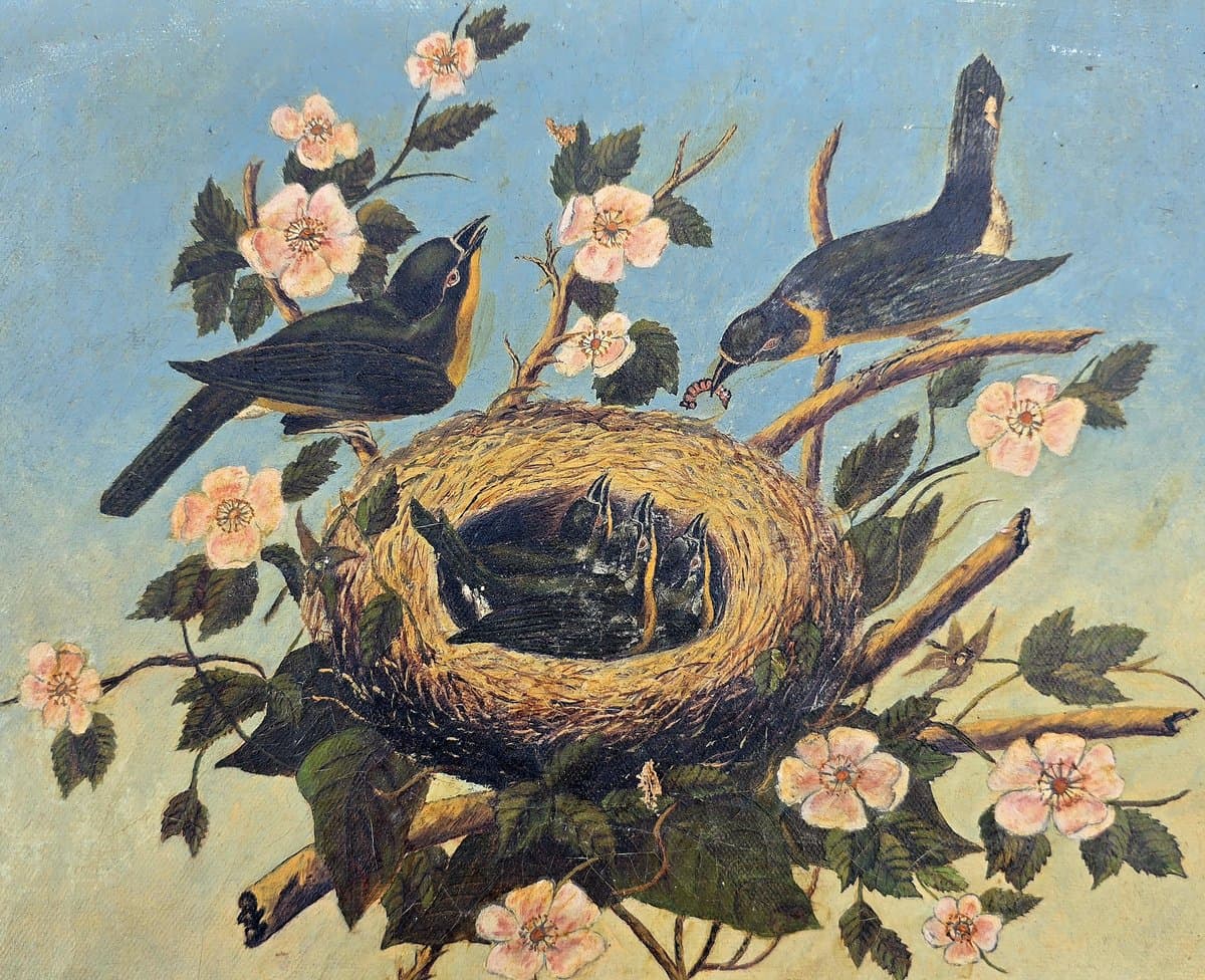 Antique bird painting with nest and cherry blossoms